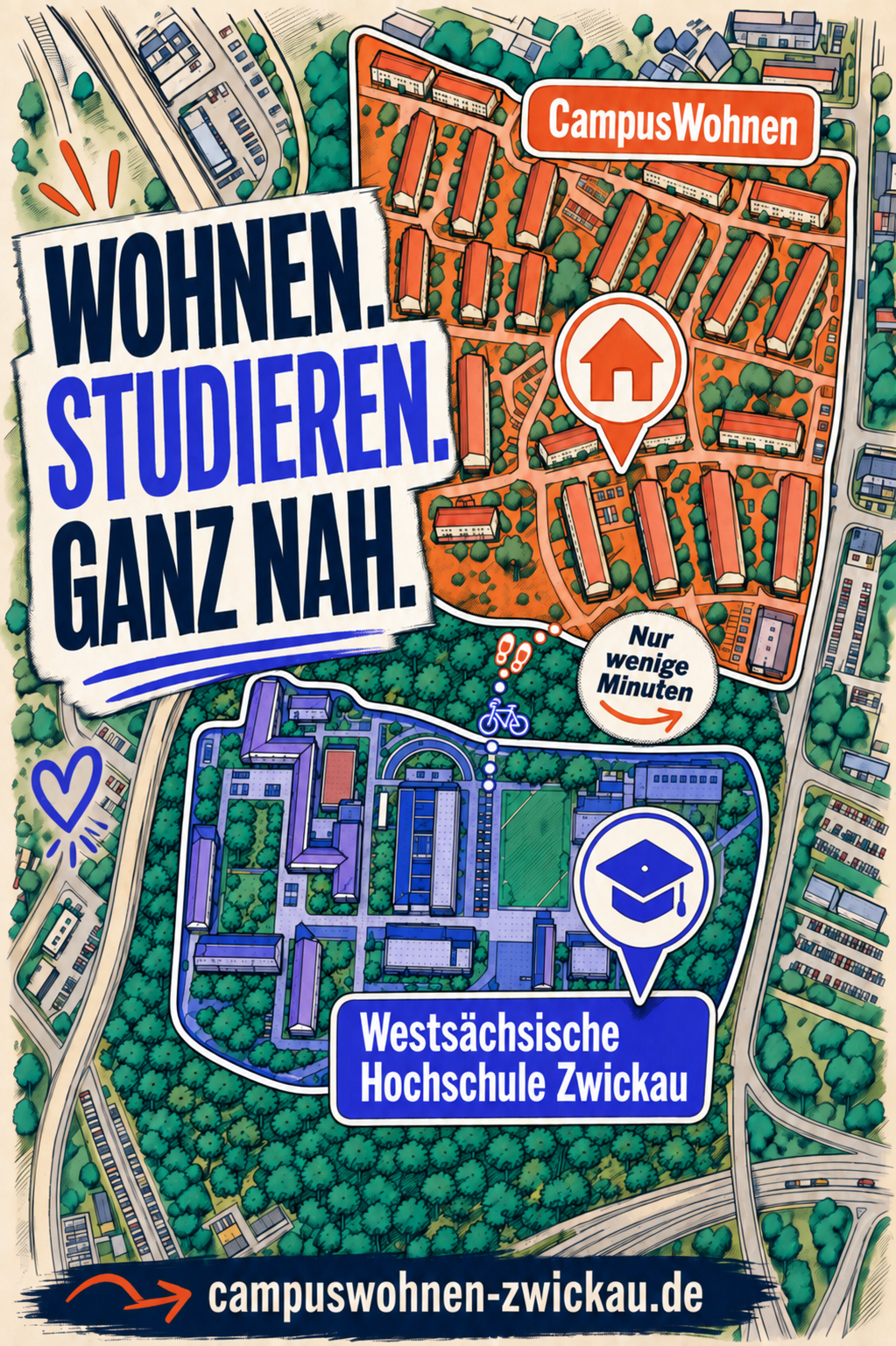 Lagegrafik: Campuswohnen liegt nur wenige Minuten vom WHZ-Campus Scheffelstraße entfernt